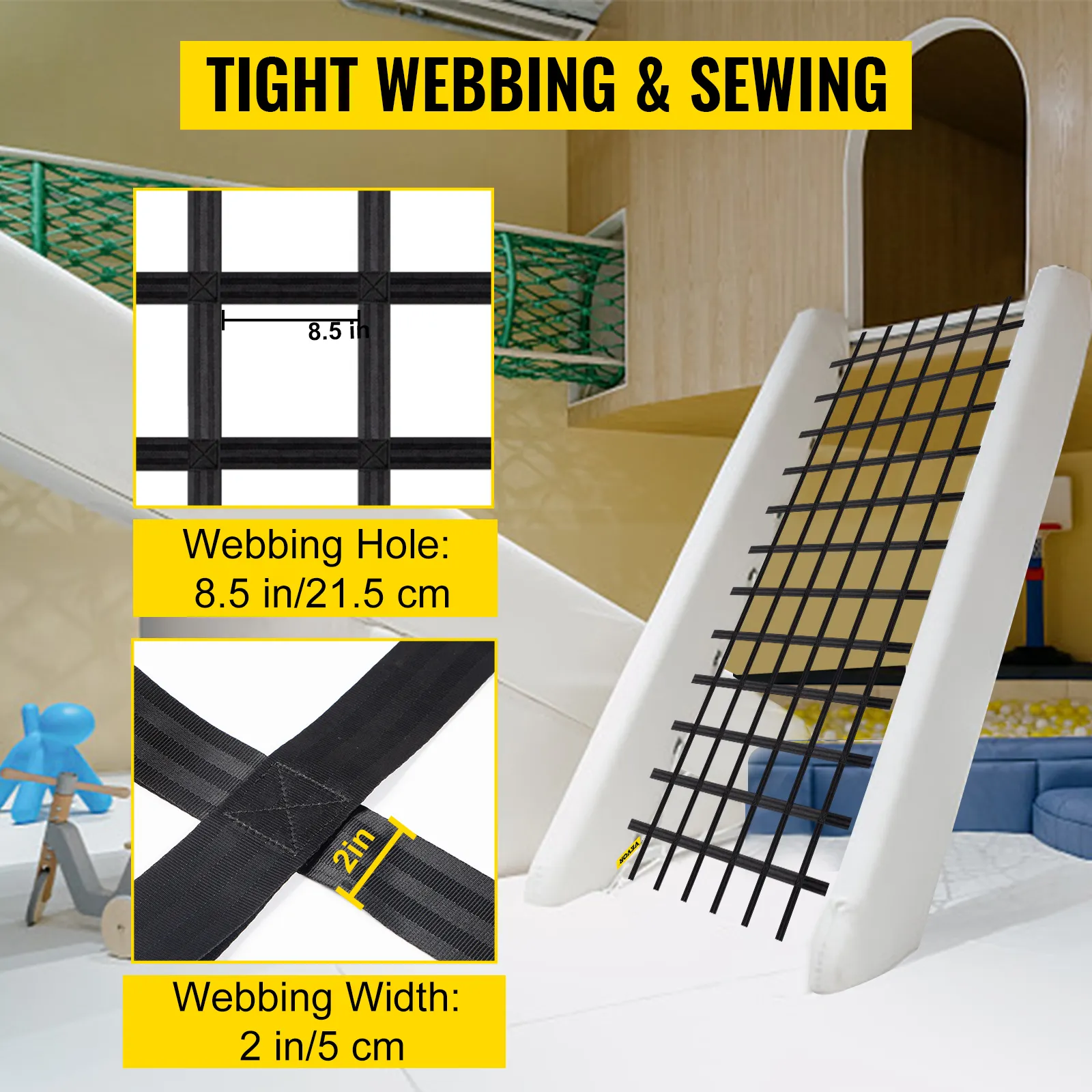 Red de carga de escalada VEVOR con correas ajustadas y costura, orificios de 8,5 pulgadas y 2 pulgadas de ancho.