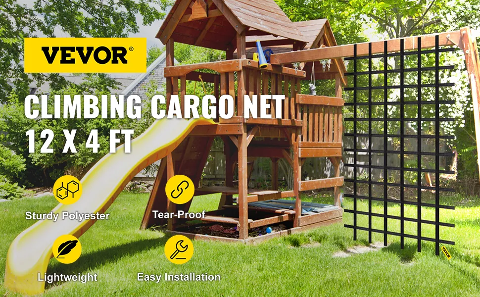 VEVOR climbing cargo net, 12x4 ft, attached to wooden playset with slide in yard.