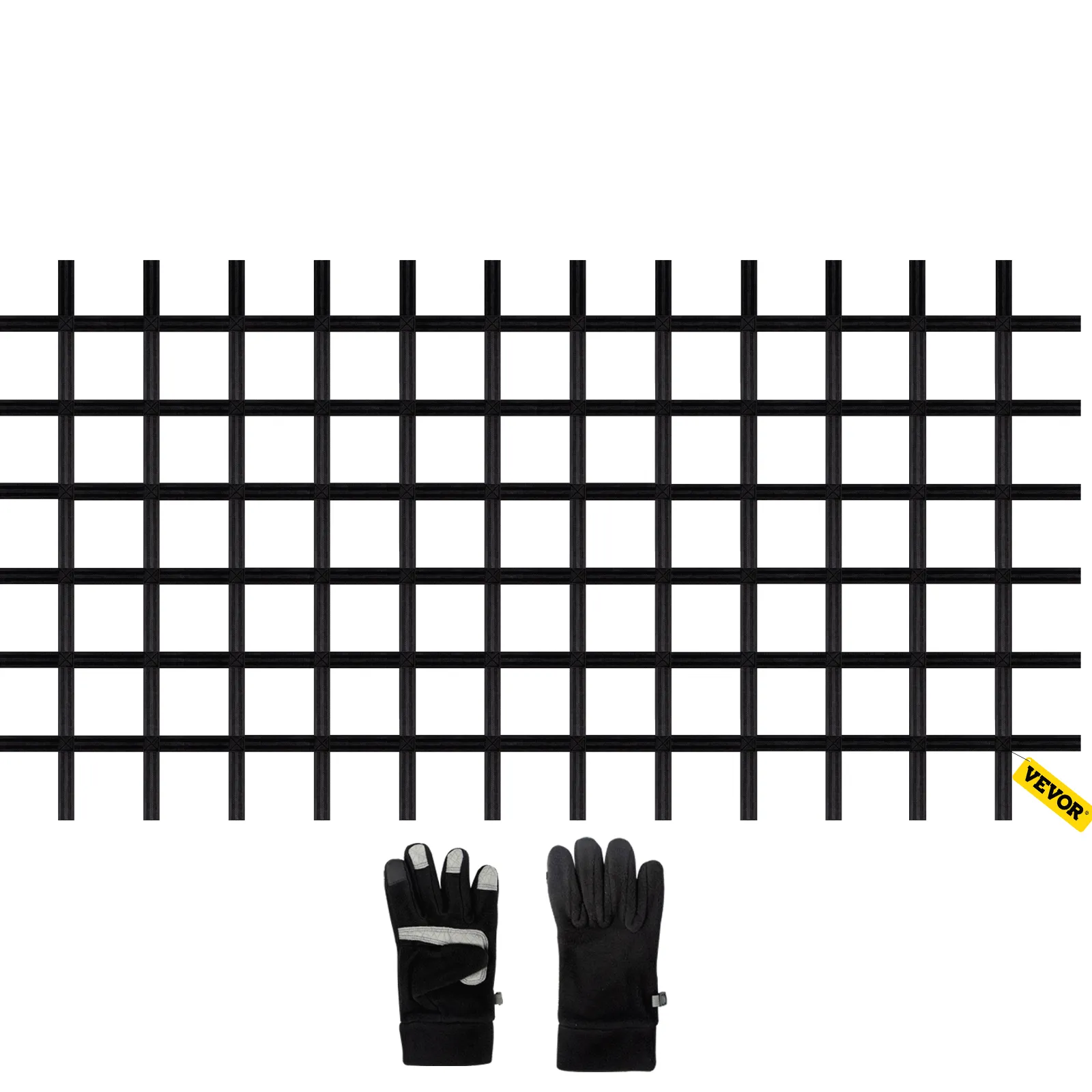 VEVOR climbing cargo net with black grid pattern and pair of black gloves.
