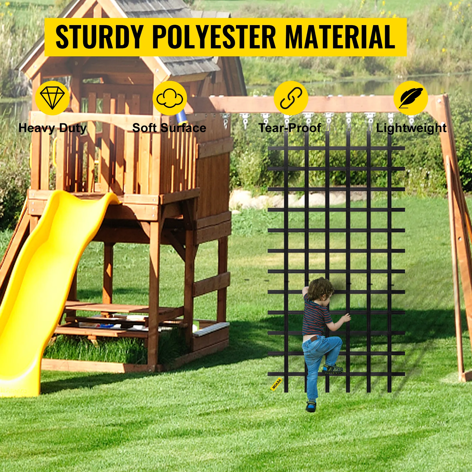 VEVOR climbing cargo net on wooden playset with yellow slide in a grassy backyard.