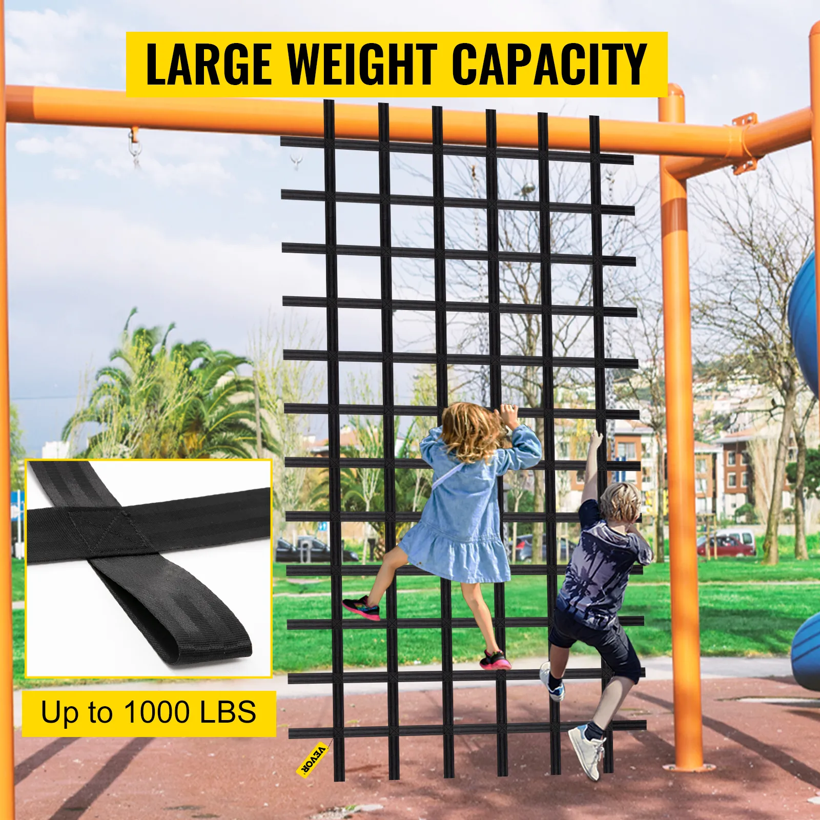 children climbing a VEVOR climbing cargo net on an orange playground structure.