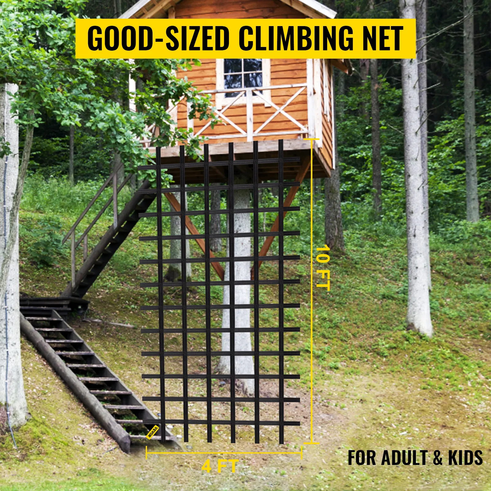 VEVOR climbing cargo net attached to a wooden treehouse, dimensions 10 ft × 4 ft.