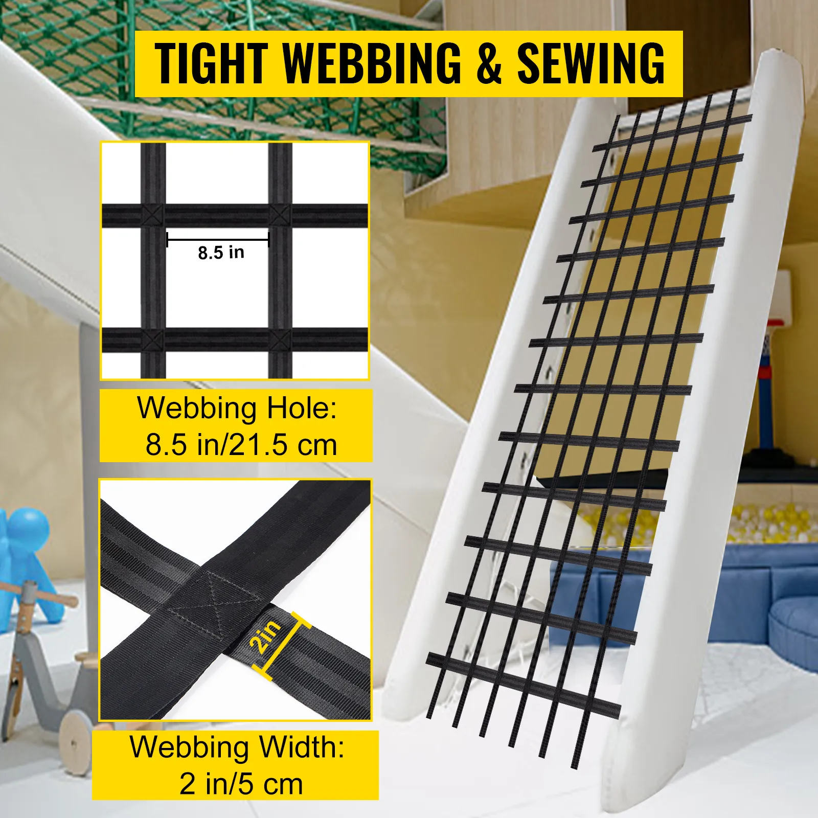 tight webbing and sewing of VEVOR climbing cargo net with 8.5 in holes and 2 in width.