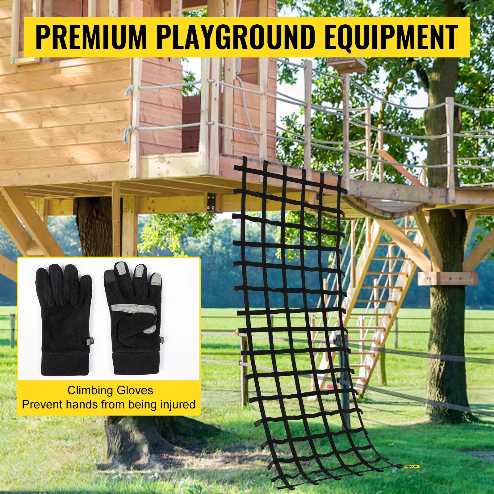 VEVOR climbing cargo net for treehouse with black climbing gloves.