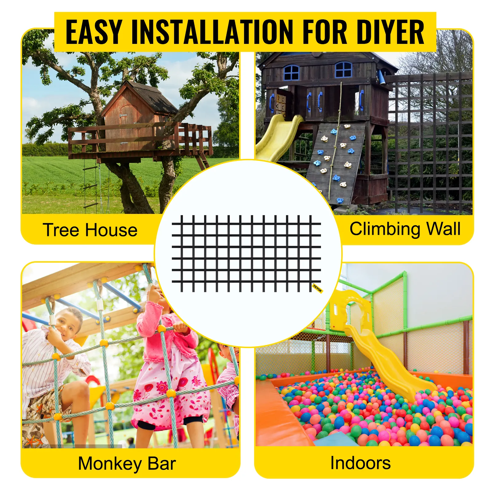 easy installation for diyer VEVOR climbing cargo net; tree house, climbing wall, monkey bar, indoors.