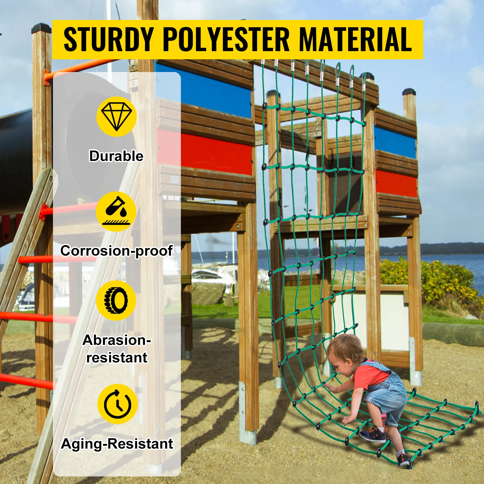 Red de carga para escalada VEVOR en juego de madera con escalada para niños, que muestra durabilidad.