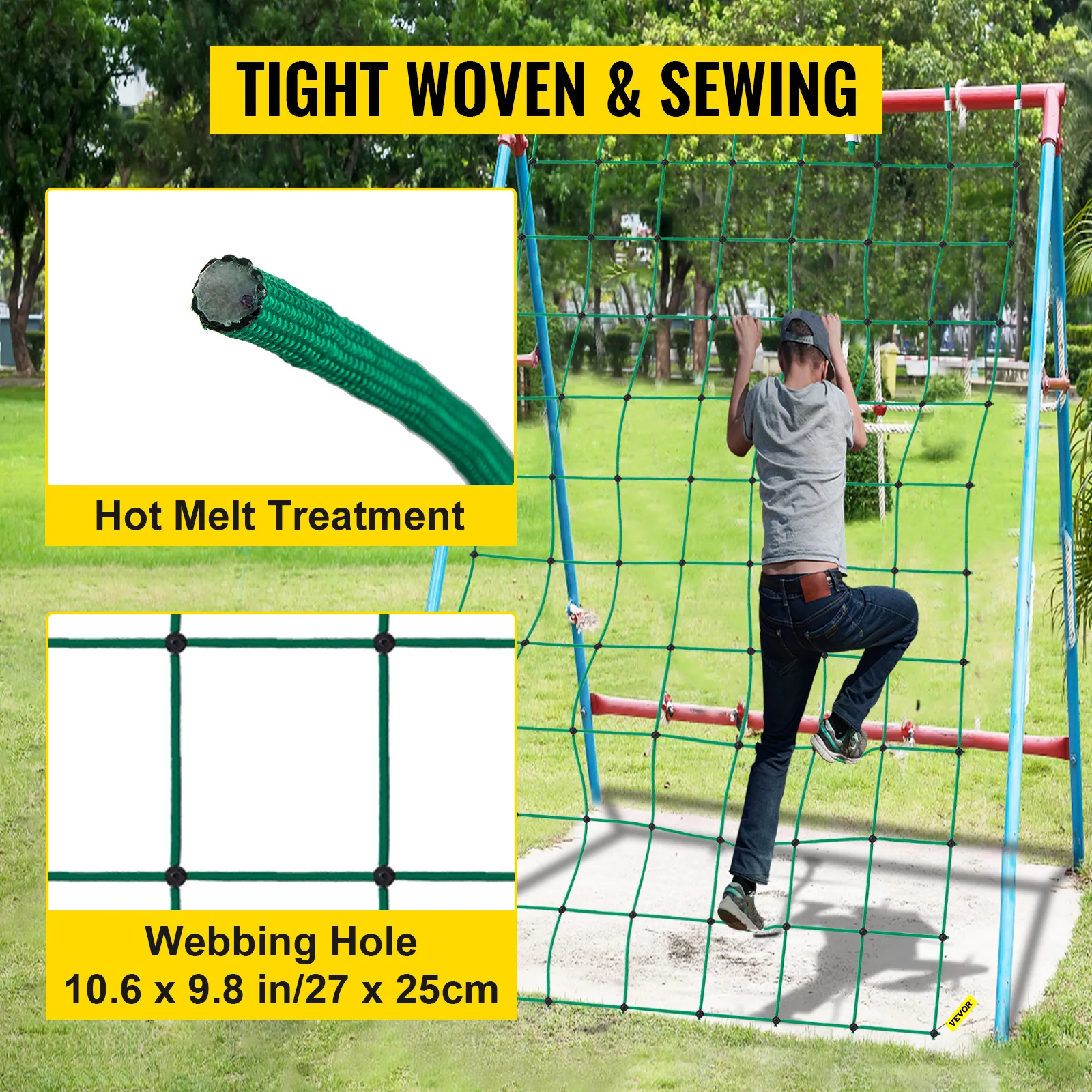 Persona trepando por la red de carga de escalada VEVOR con tejido apretado y cuerdas tratadas con adhesivo termofusible.