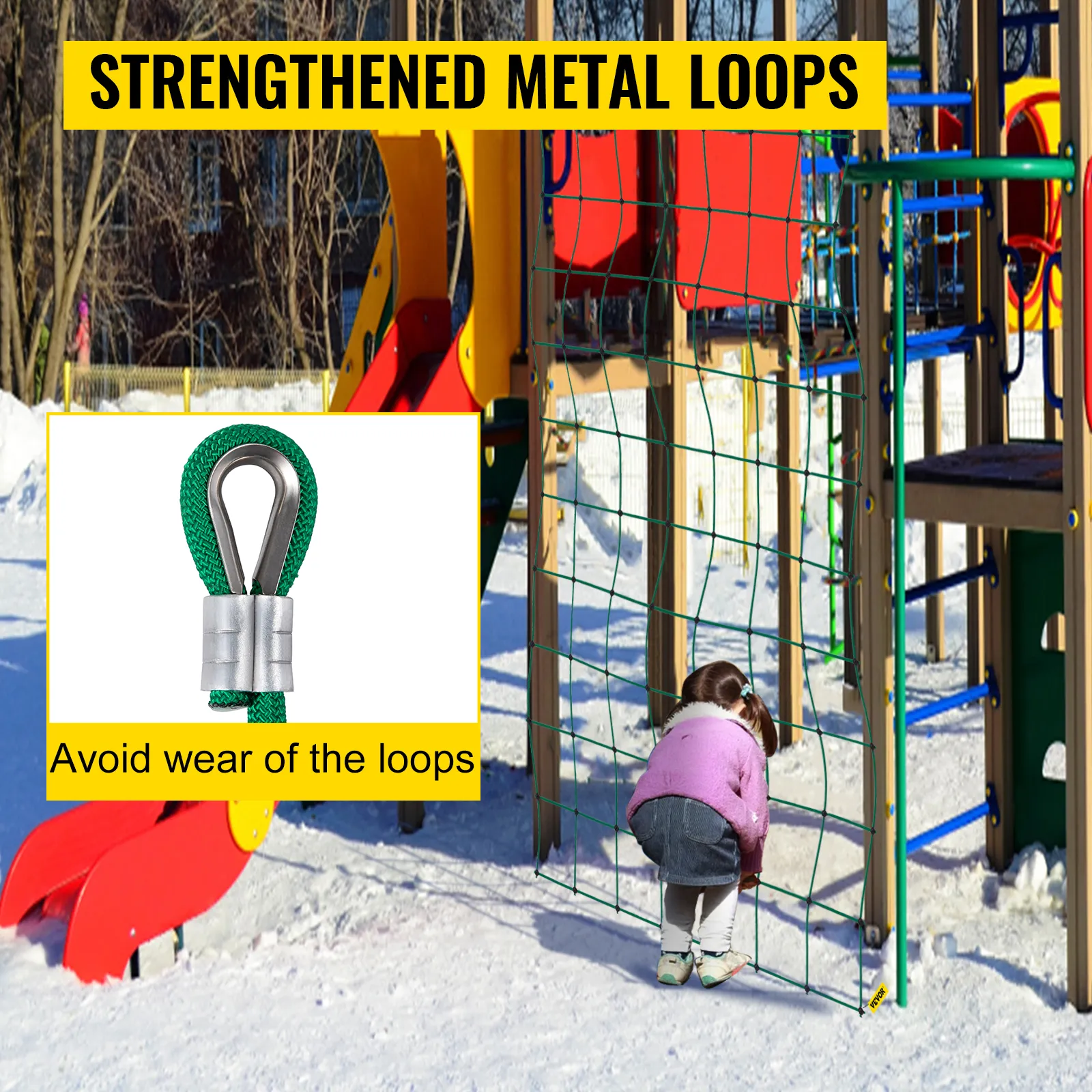 Red de carga para escalada VEVOR con bucles de metal reforzados en una estructura de juegos.