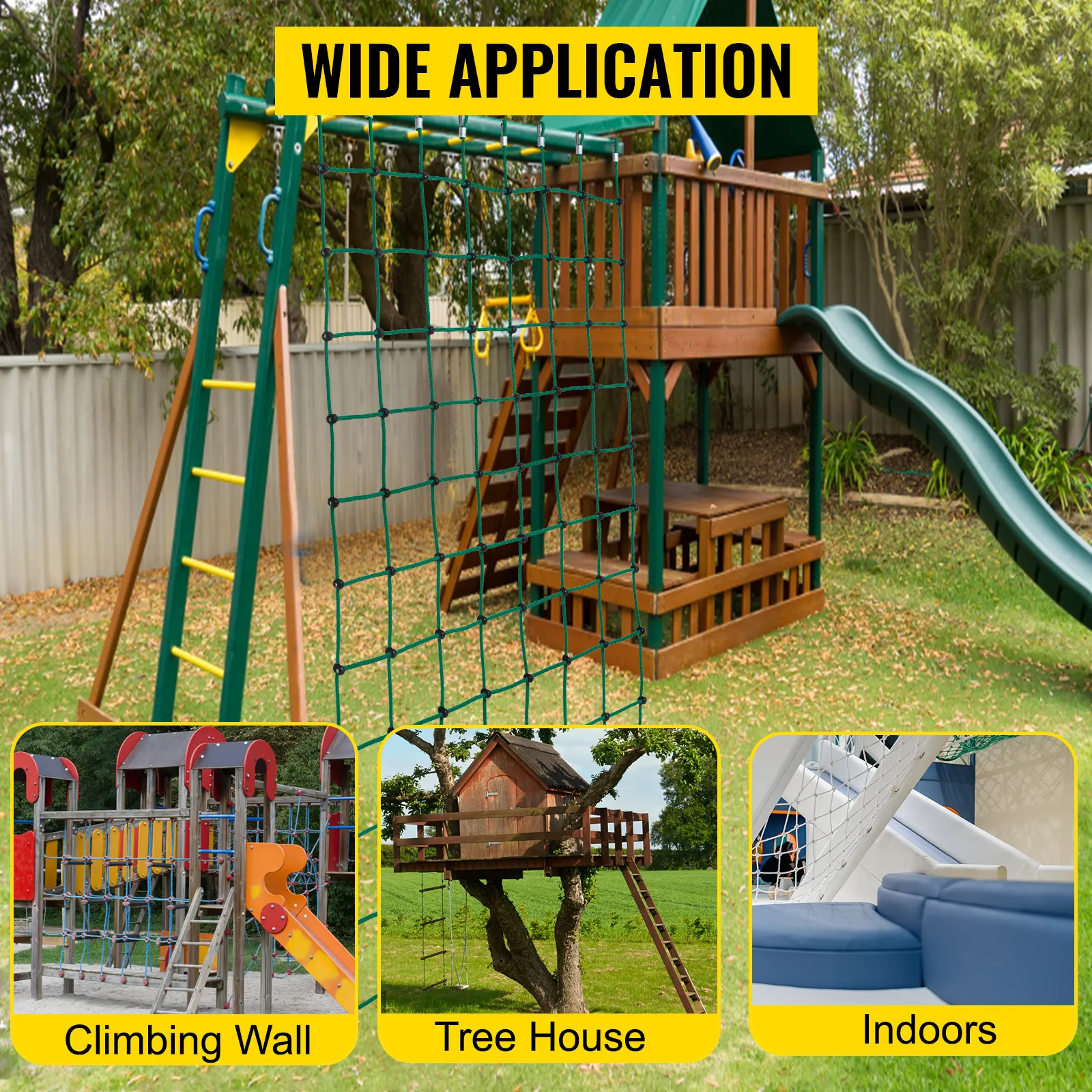 Red de carga de escalada VEVOR en el patio de juegos con varias aplicaciones: muro de escalada, casa en el árbol, interiores.