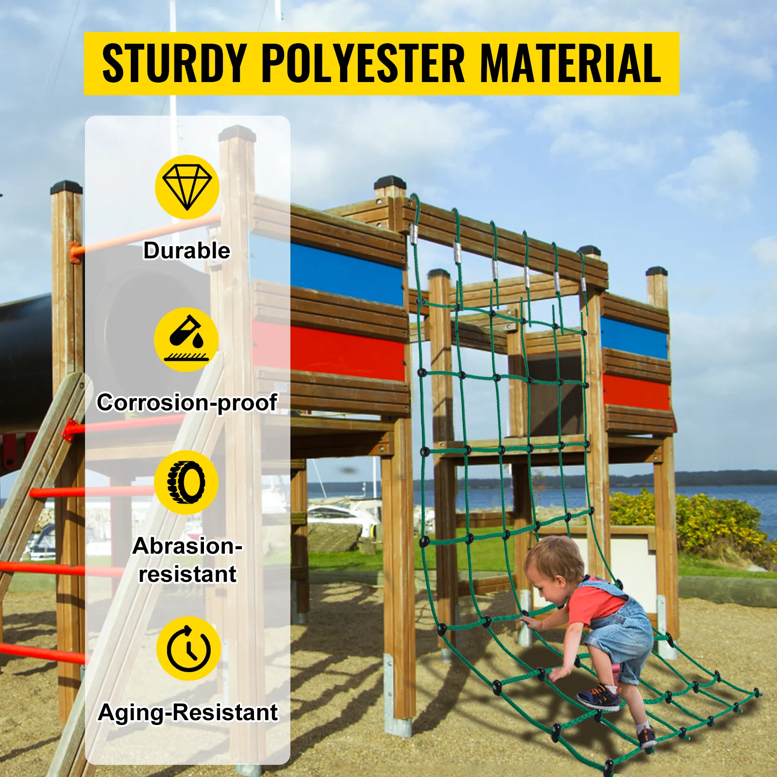 Red de carga para escalada VEVOR en una estructura de juegos con características de durabilidad enumeradas.