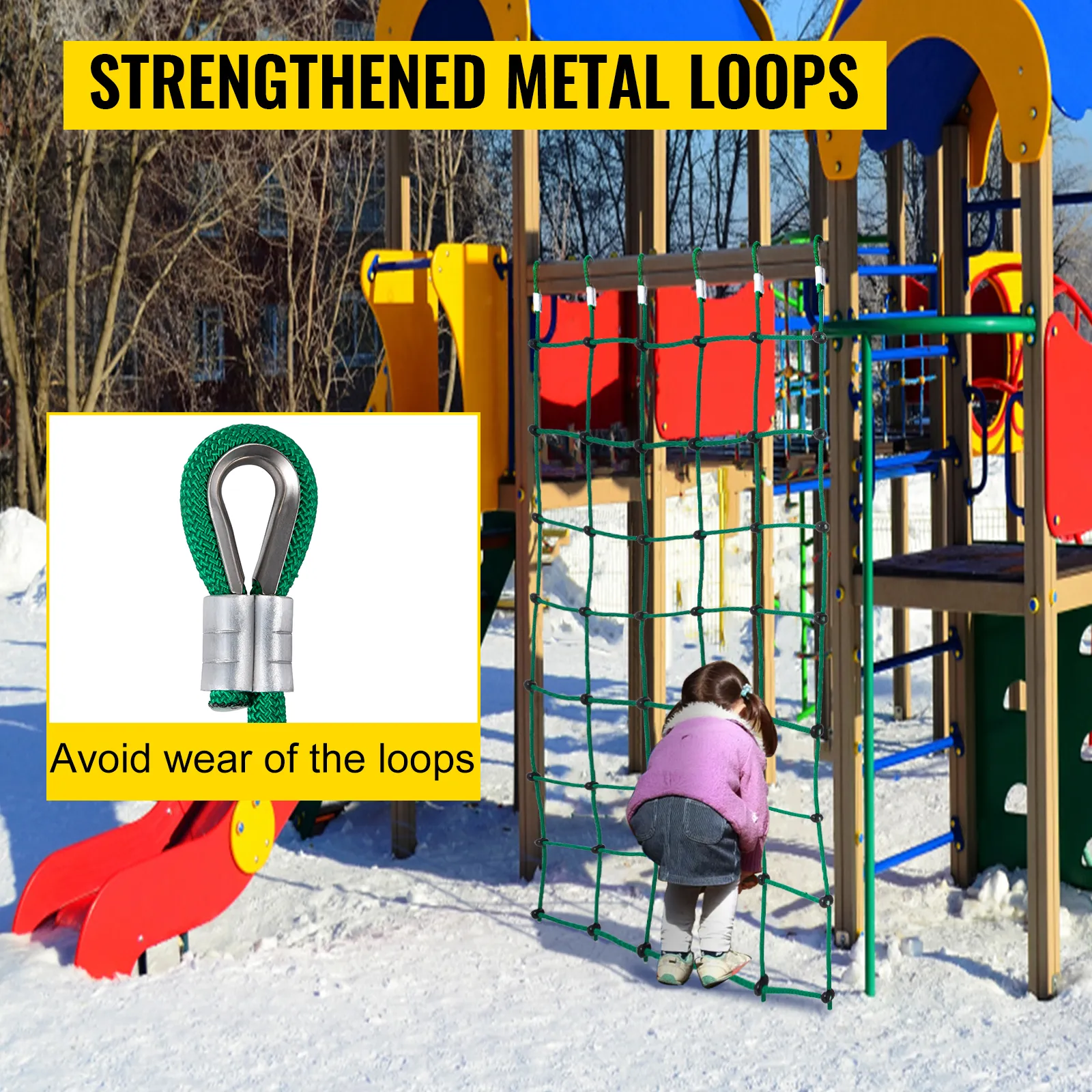 Red de carga de escalada VEVOR en el patio de juegos con bucles de metal reforzados para evitar el desgaste.