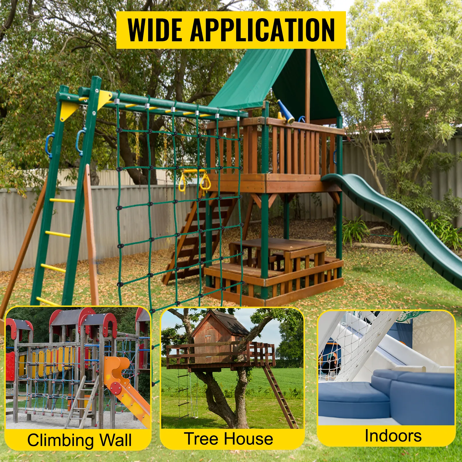 Amplia aplicación de la red de carga de escalada VEVOR, que incluye un muro de escalada y una casa en el árbol.