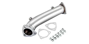 VEVOR downpipe exhaust with gaskets and bolts on a white background.