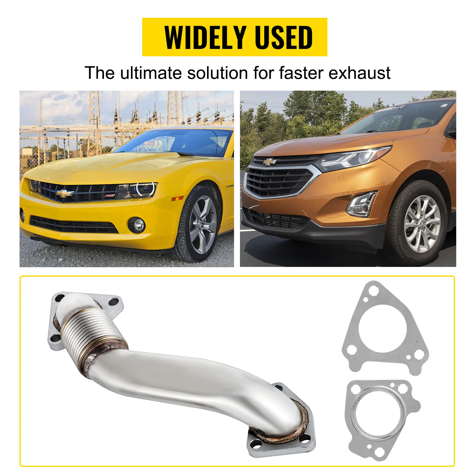 Tubo ascendente VEVOR duramax para modelos Chevrolet, con un Camaro amarillo y un Equinox marrón.