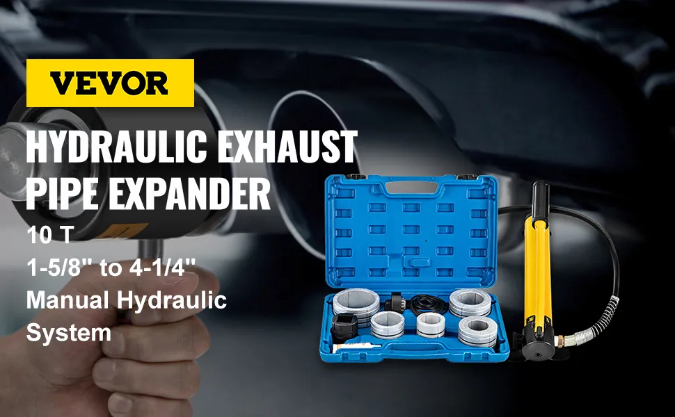VEVOR hydraulic exhaust pipe expander with manual hydraulic system and tools in a case.