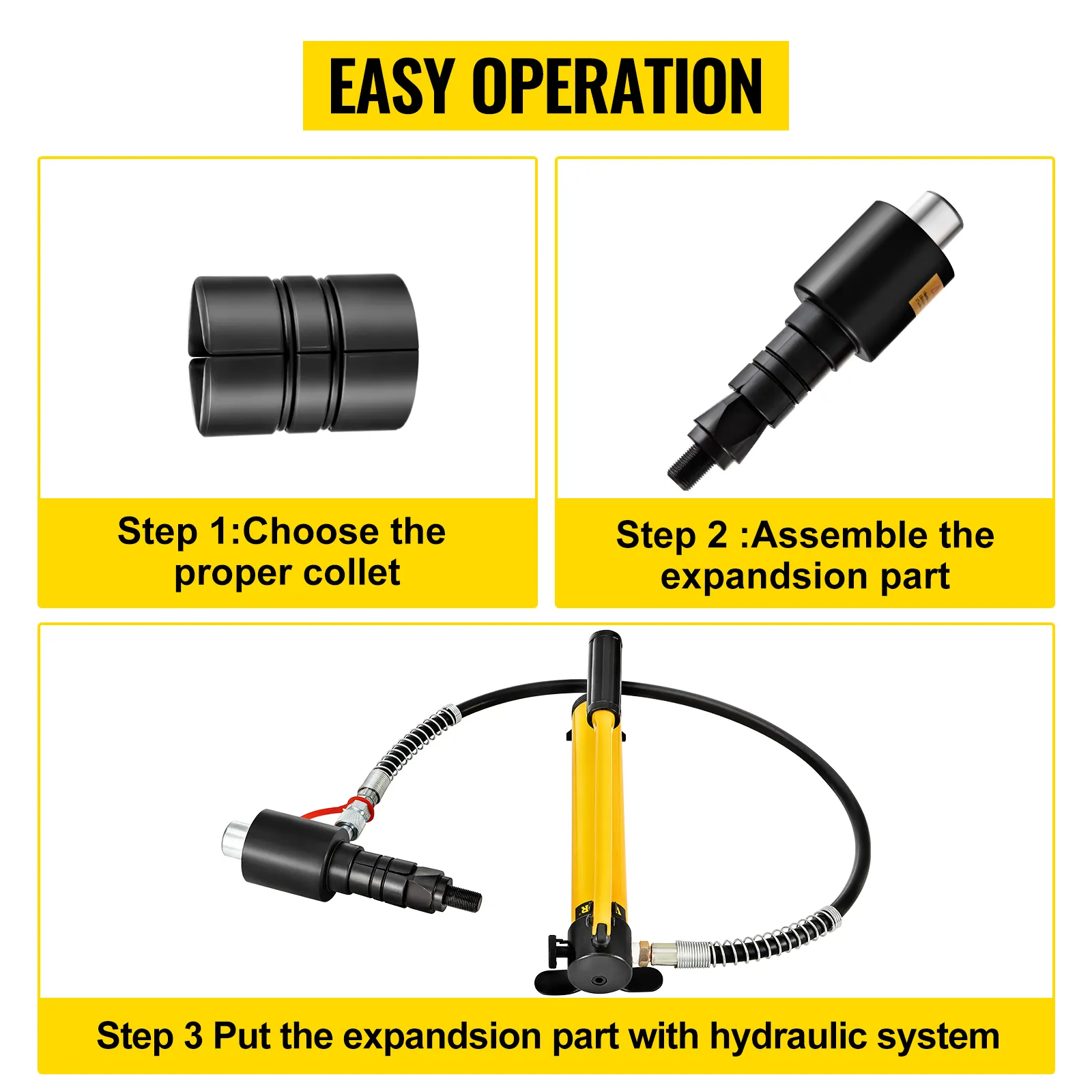 VEVOR hydraulic exhaust pipe expander easy operation steps with collet and hydraulic system.
