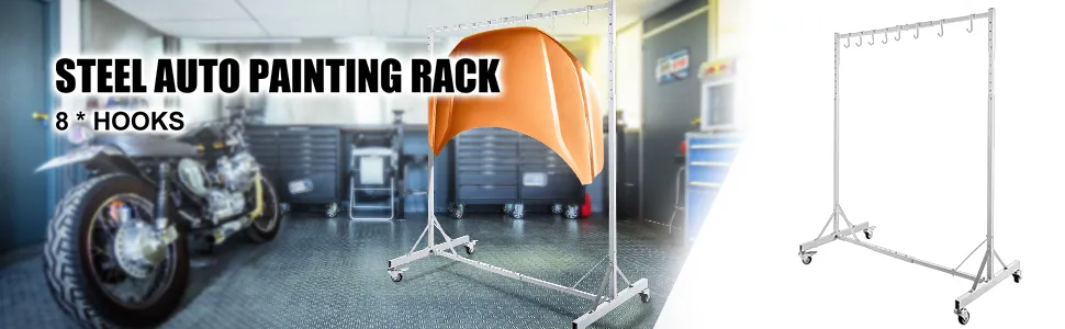 Estante de pintura VEVOR con estructura de acero y 8 ganchos en un garaje para automóviles con una motocicleta.