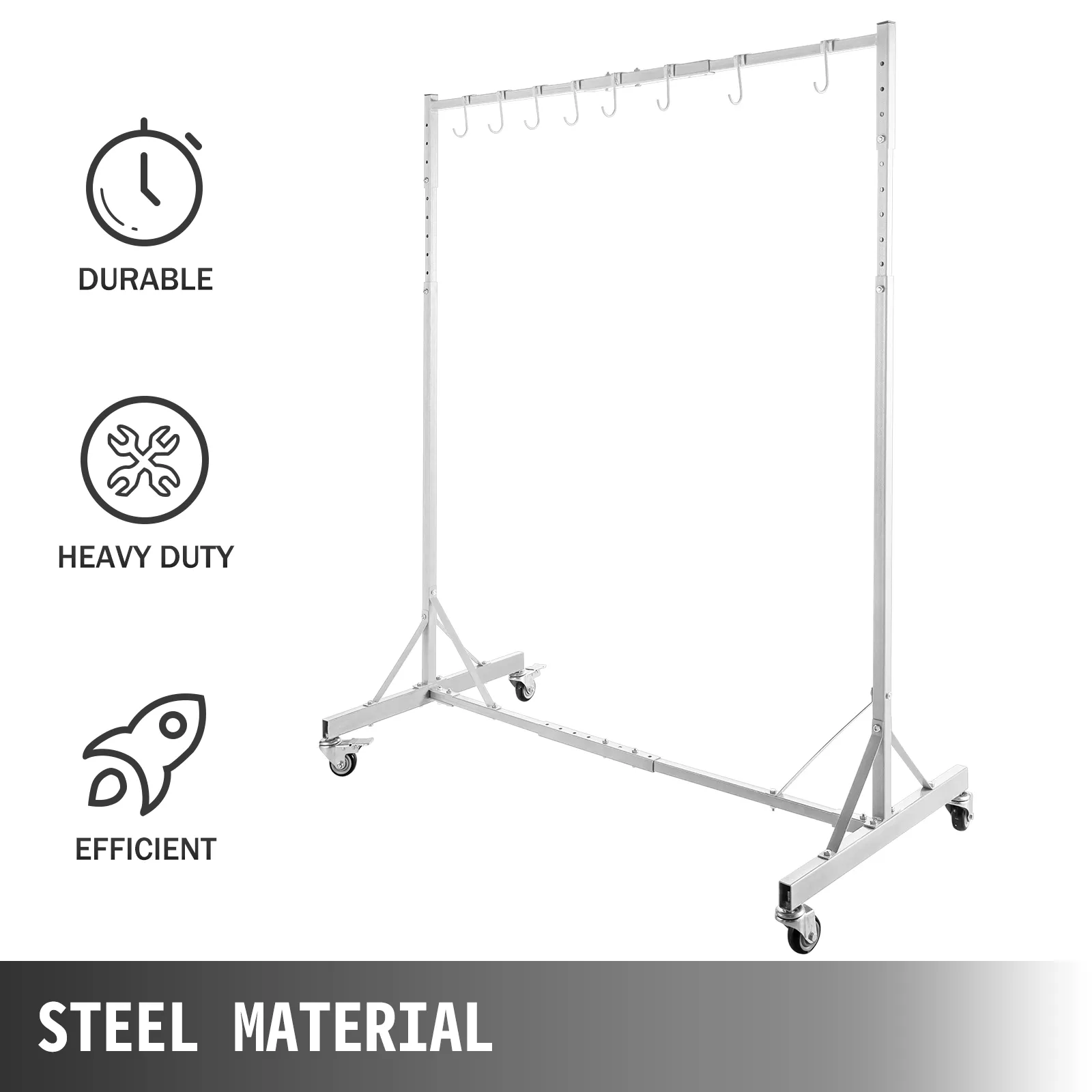 Estante de pintura VEVOR con material de acero, ganchos resistentes y ruedas duraderas.