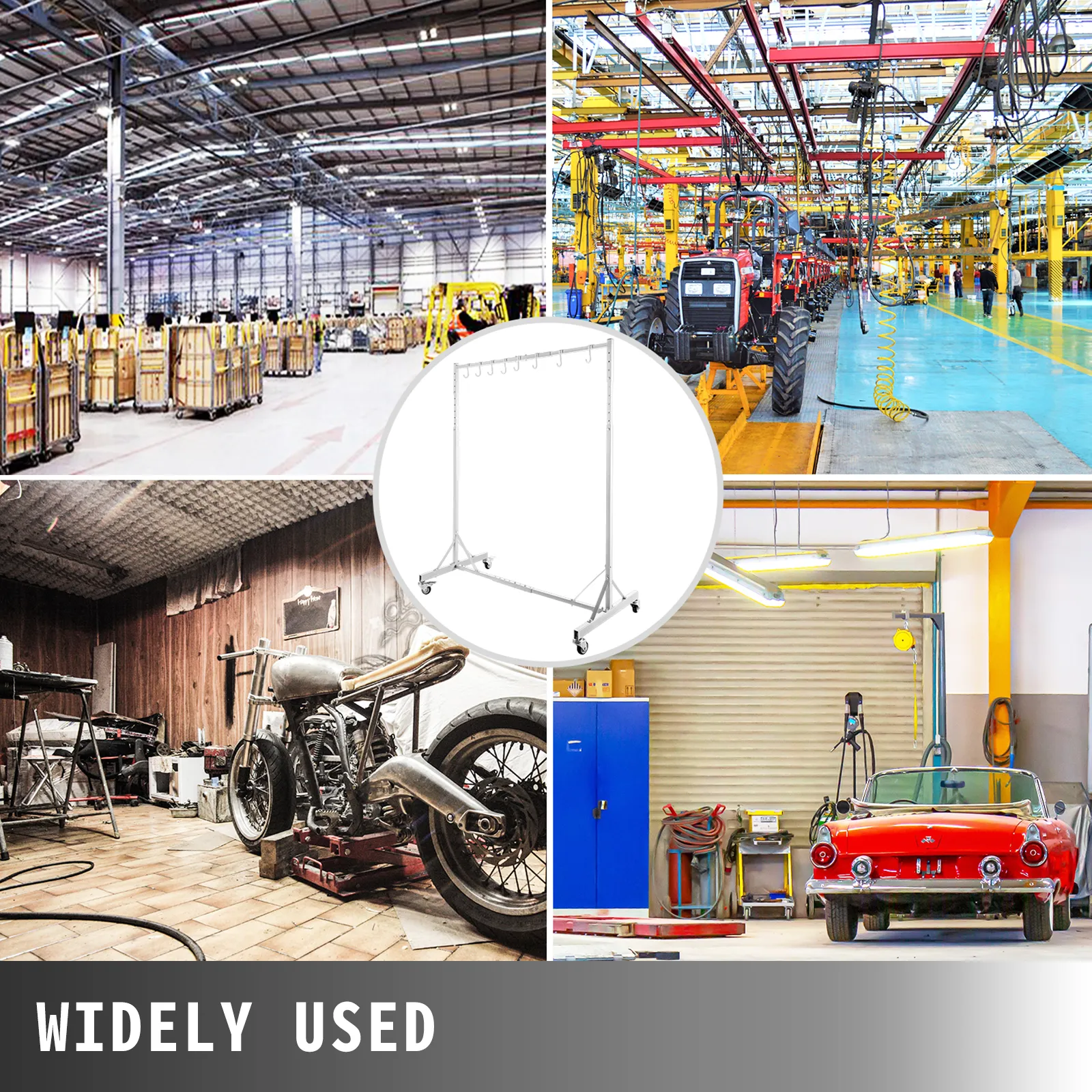 Estante de pintura VEVOR en diversos entornos industriales y de garaje, que muestra un amplio uso.