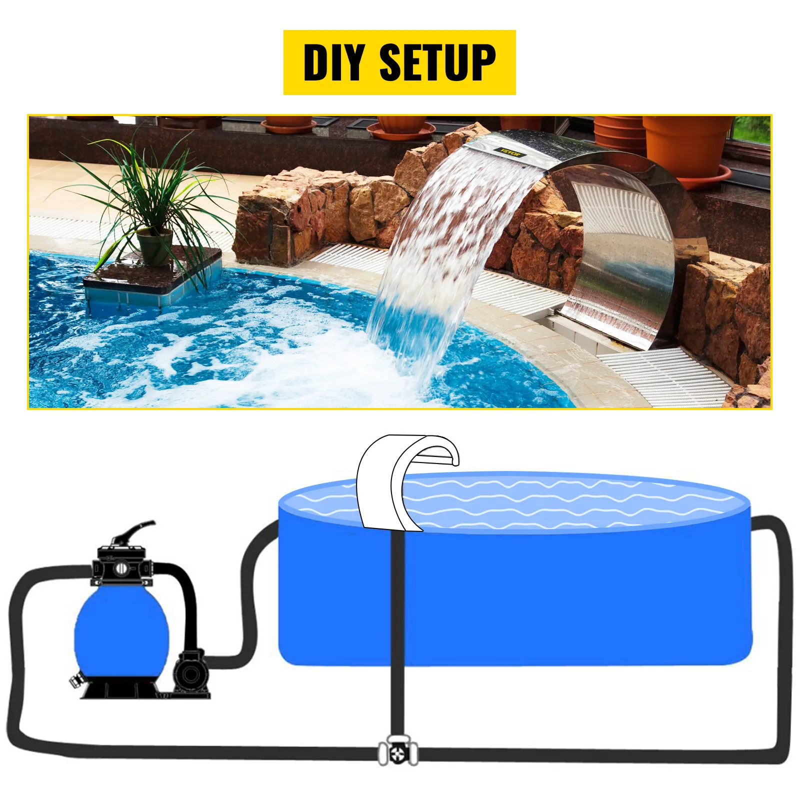 VEVOR zwembad waterval fontein doe-het-zelf opstelling met rond zwembad en waterpompsysteem.