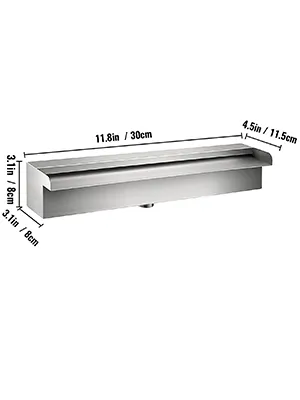 VEVOR pool fountain dimensions: 11.8in x 4.5in x 3.1in stainless steel waterfall.