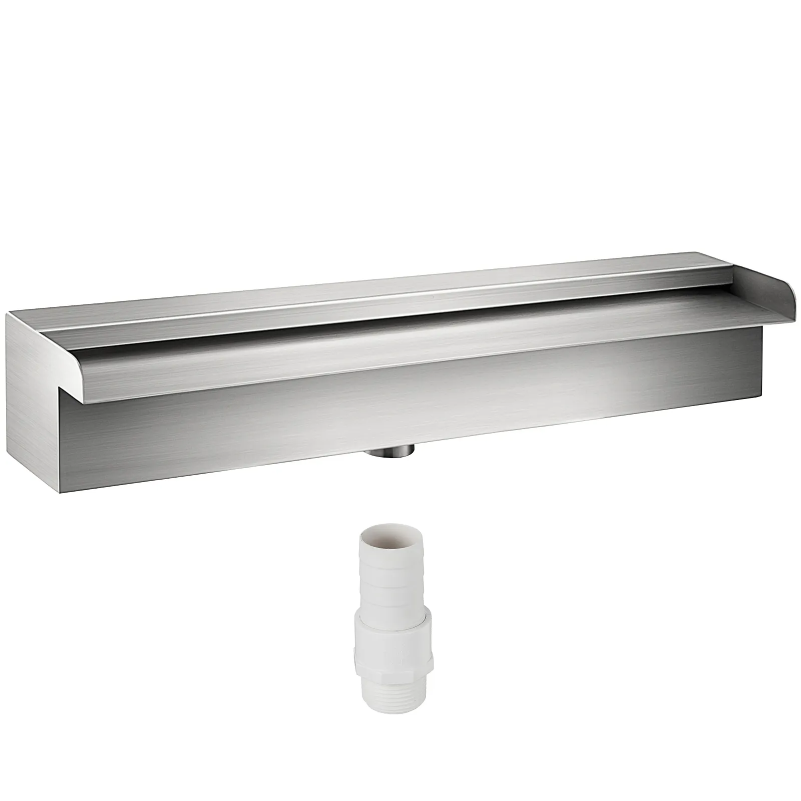 stainless steel VEVOR pool fountain with white connector fitting.