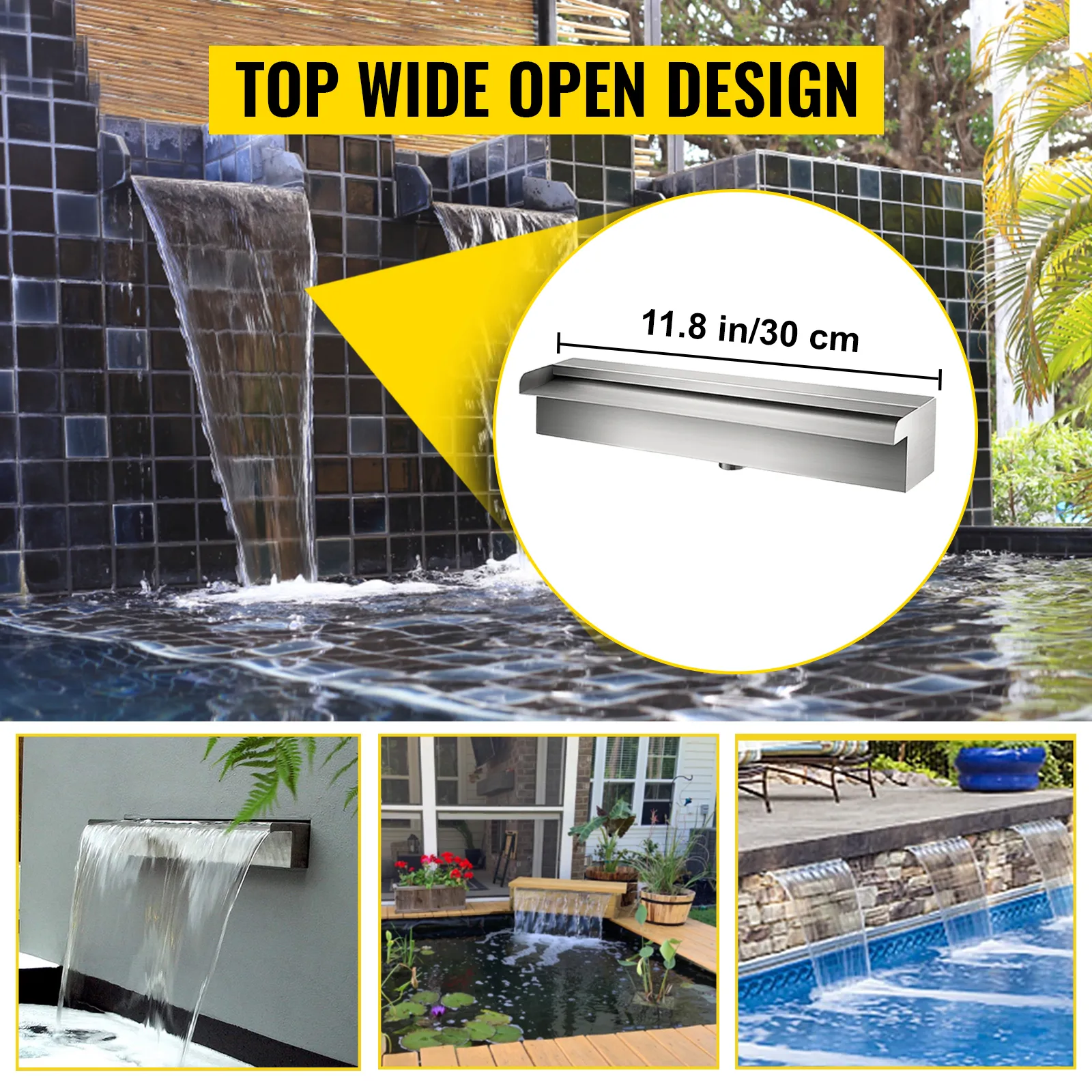 VEVOR pool fountain with top wide open design, 11.8-inch waterfall spout.