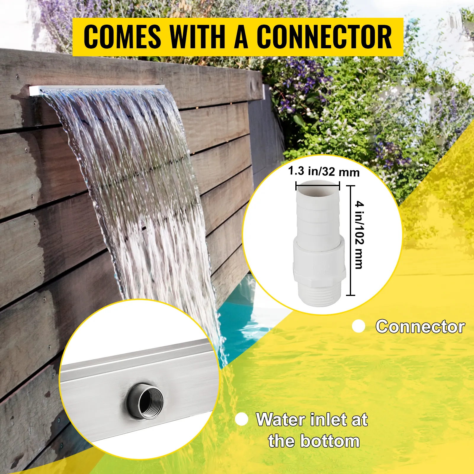 VEVOR pool fountain with connector and water inlet, set against a garden backdrop.