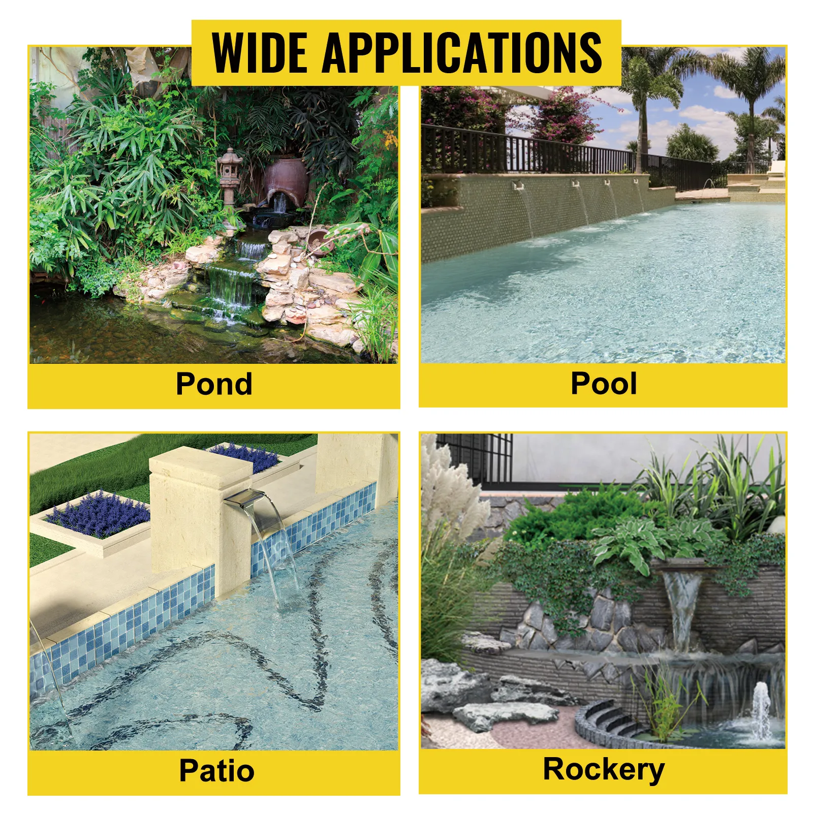 VEVOR pool fountain applications: pond, pool, patio, and rockery.