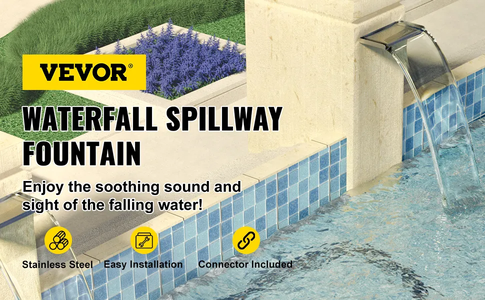 VEVOR pool fountain with waterfall spillway, stainless steel, and easy installation.