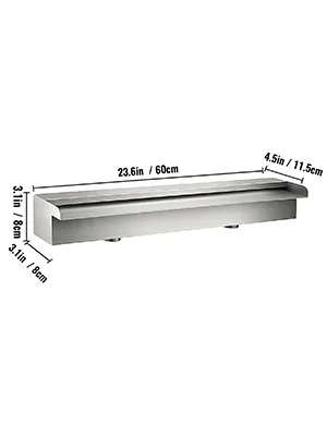 stainless steel VEVOR pool fountain with dimensions noted: 23.6in x 3.1in x 4.5in.