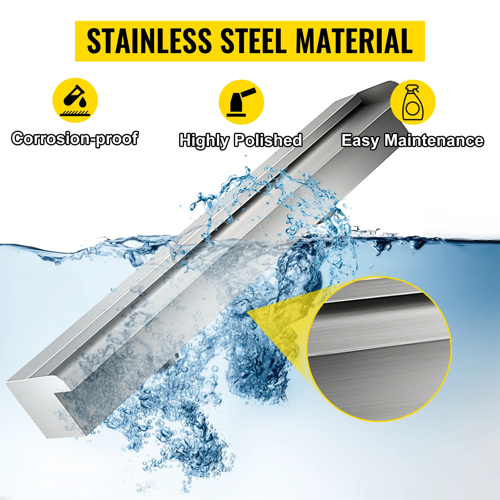 VEVOR pool fountain made of highly polished stainless steel, corrosion-proof, easy maintenance.