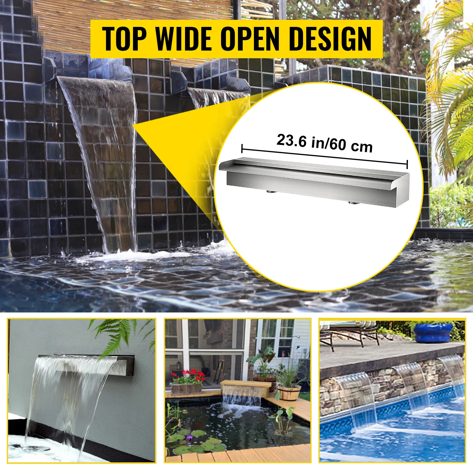 VEVOR pool fountain with wide open design, 23.6 in/60 cm, for stylish water flow.