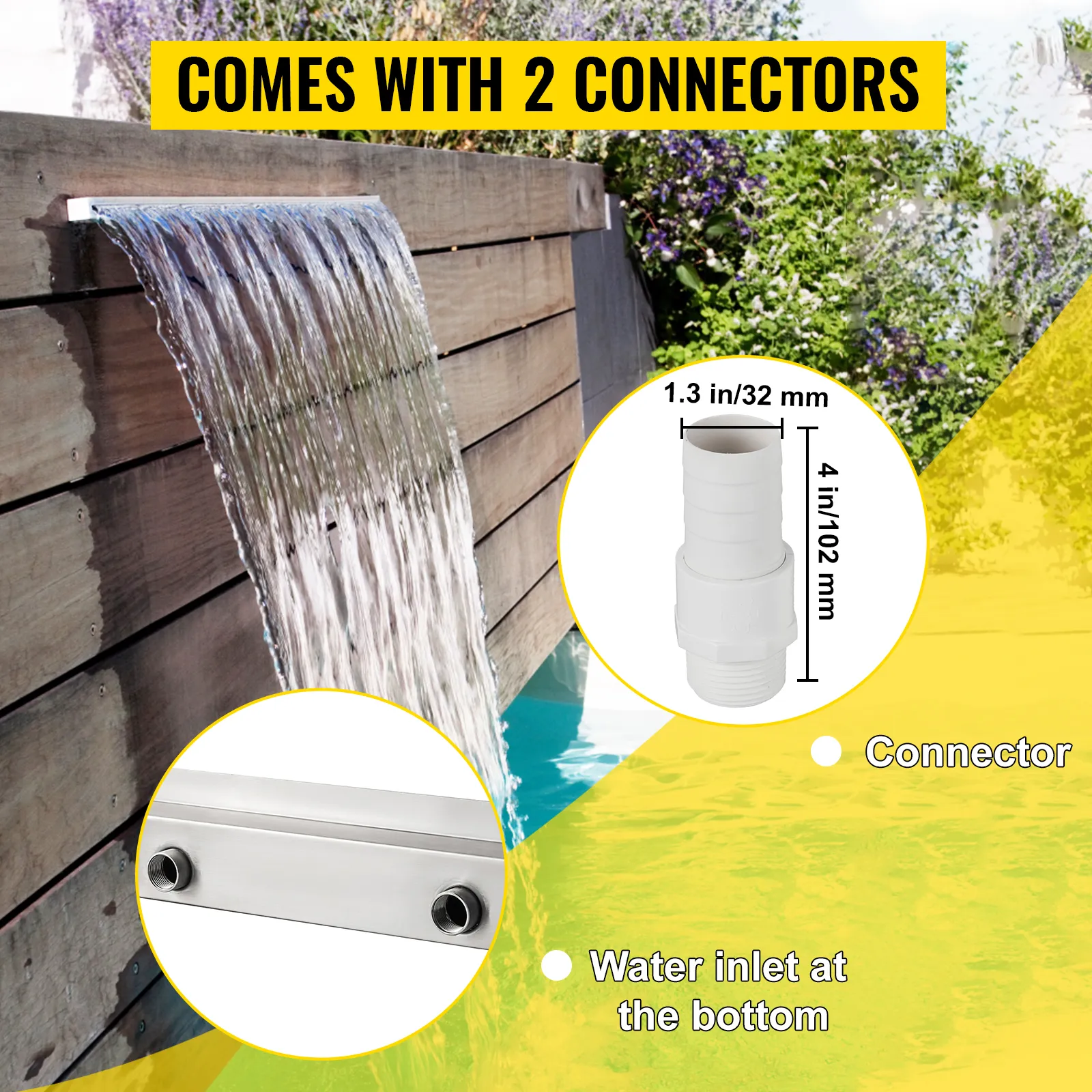 VEVOR pool fountain with two connectors and water inlet at the bottom.