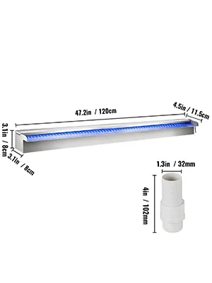 VEVOR zwembadfontein met blauwe ledverlichting, 120 cm lang, en de afgebeelde aansluitmaten.