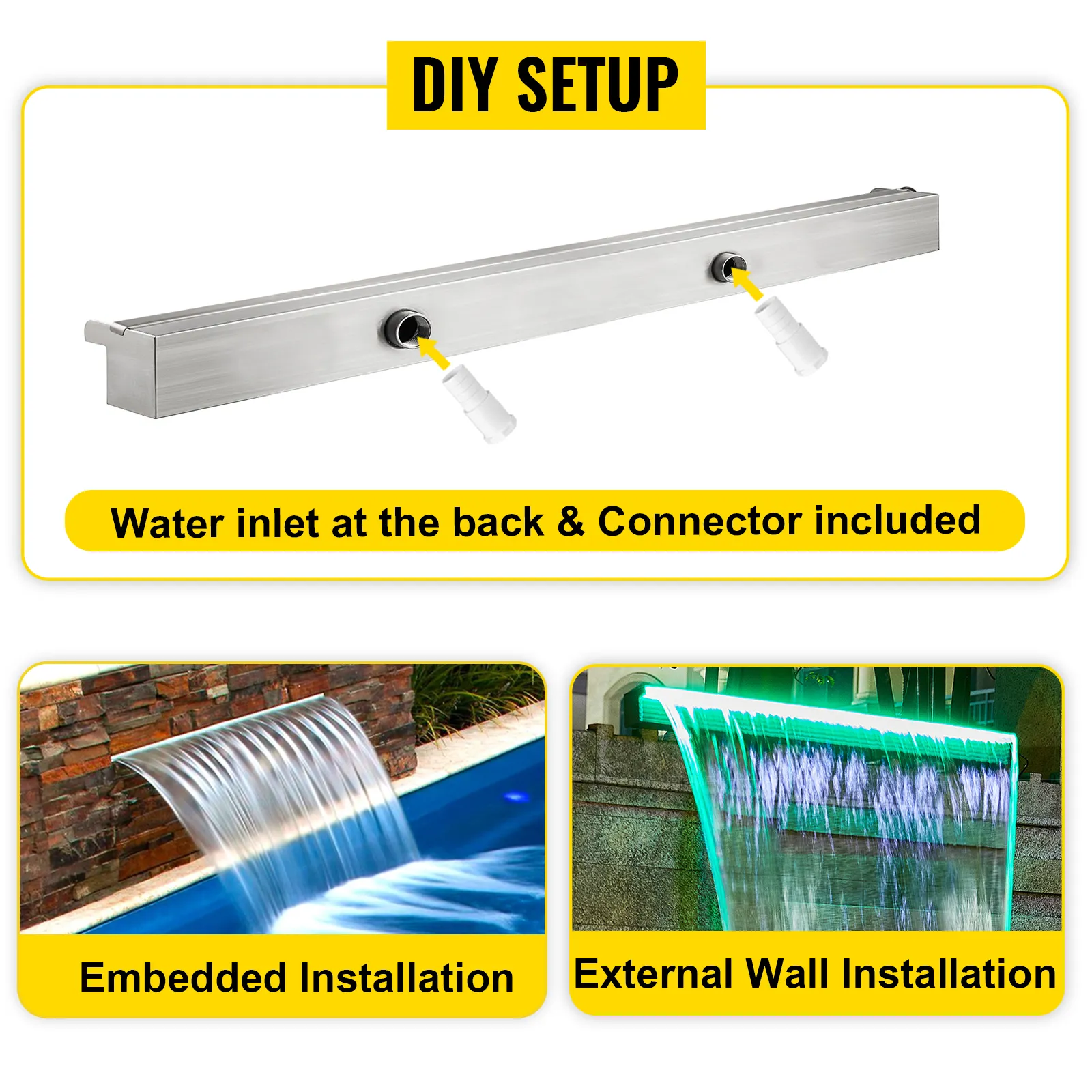 VEVOR zwembadfontein met doe-het-zelf-opstelling, waterinlaat, aansluiting, inbouw en wandinstallatie.