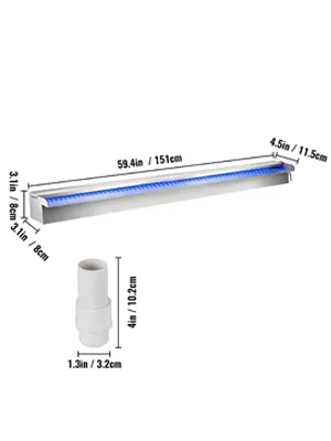 VEVOR zwembadfontein 150 cm met blauwe led-verlichting en aansluitafmetingen.