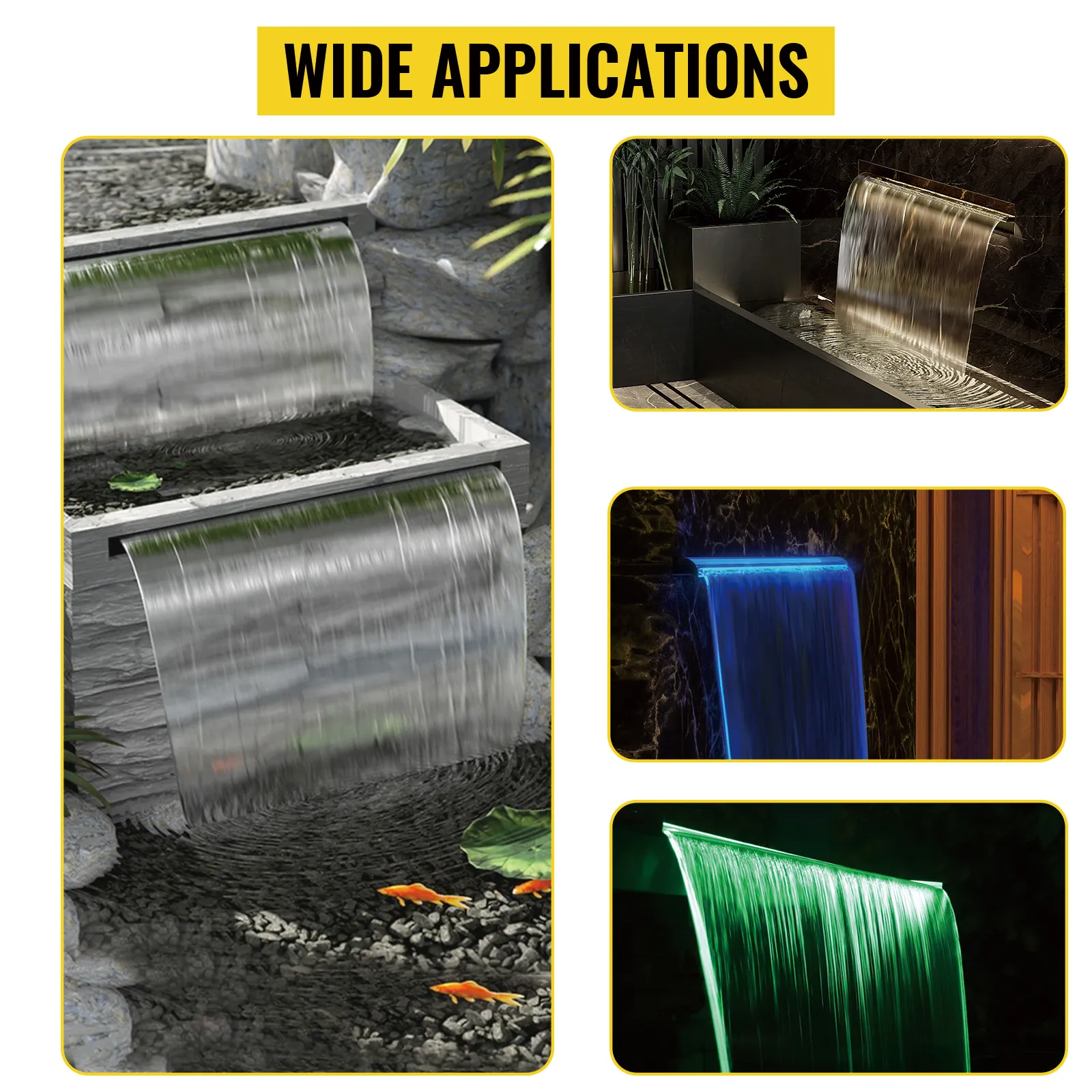 VEVOR zwembadfontein toont zijn brede toepassingsmogelijkheden met verschillende waterstroomstijlen.