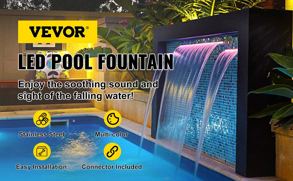 Fuente de piscina VEVOR con cascada led de acero inoxidable, multicolor y de fácil instalación.