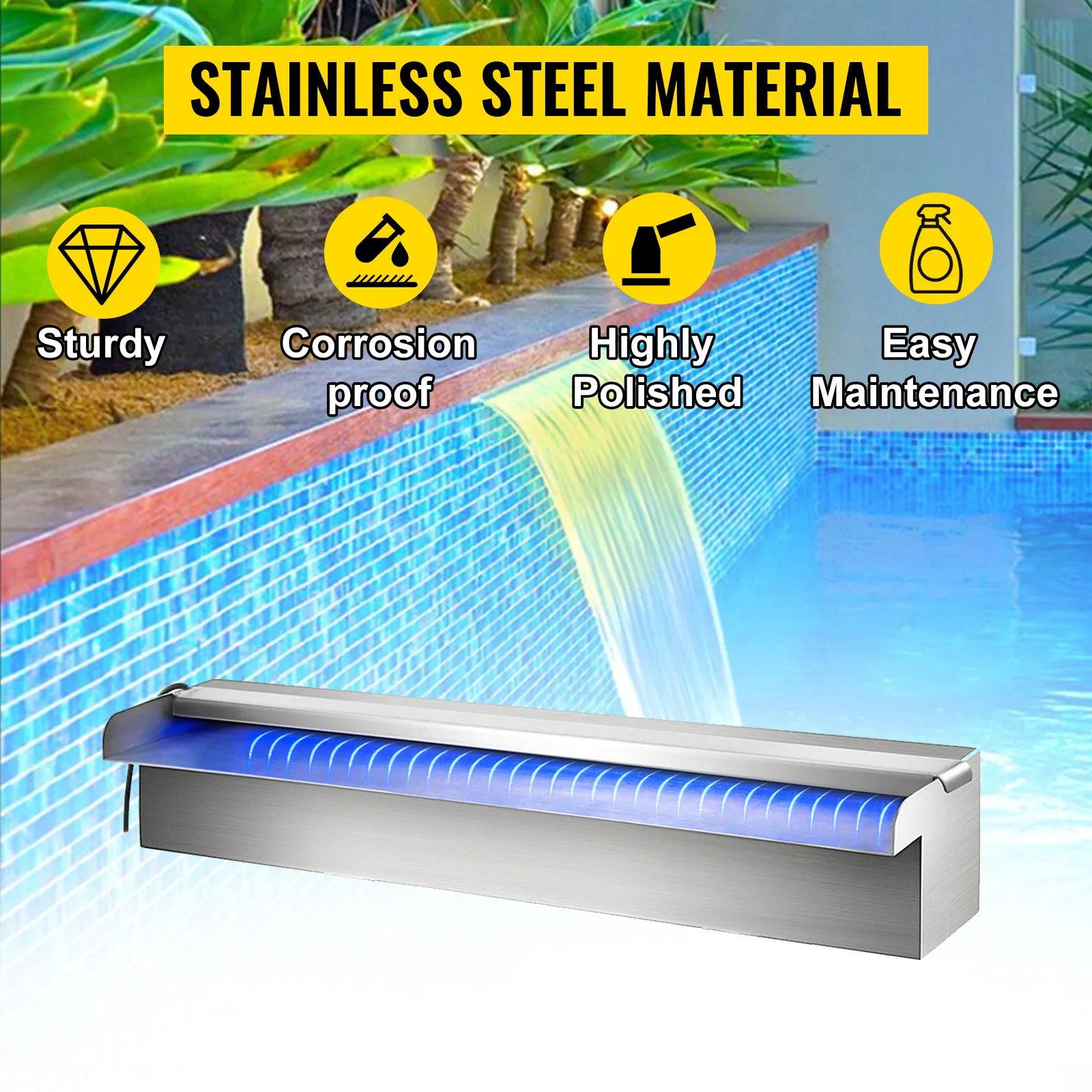 Fuente de piscina VEVOR con cascada LED y construcción robusta de acero inoxidable.