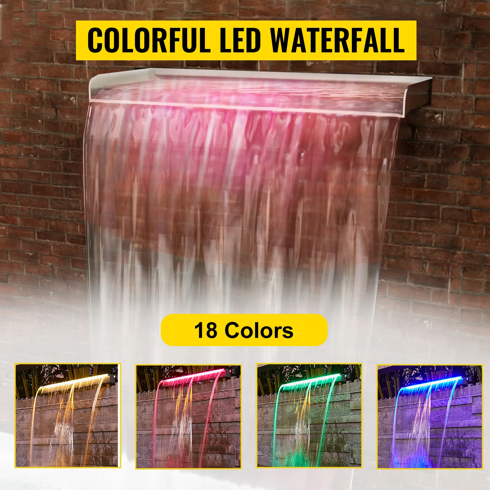Fuente de piscina VEVOR con cascada LED y 18 opciones de color contra una pared de ladrillos.
