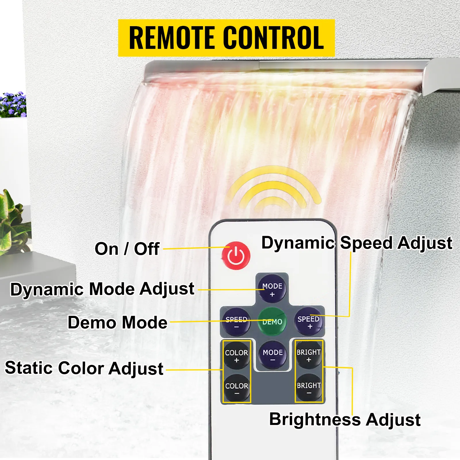 Fuente de piscina VEVOR con control remoto y cascada LED con configuraciones de brillo y velocidad.