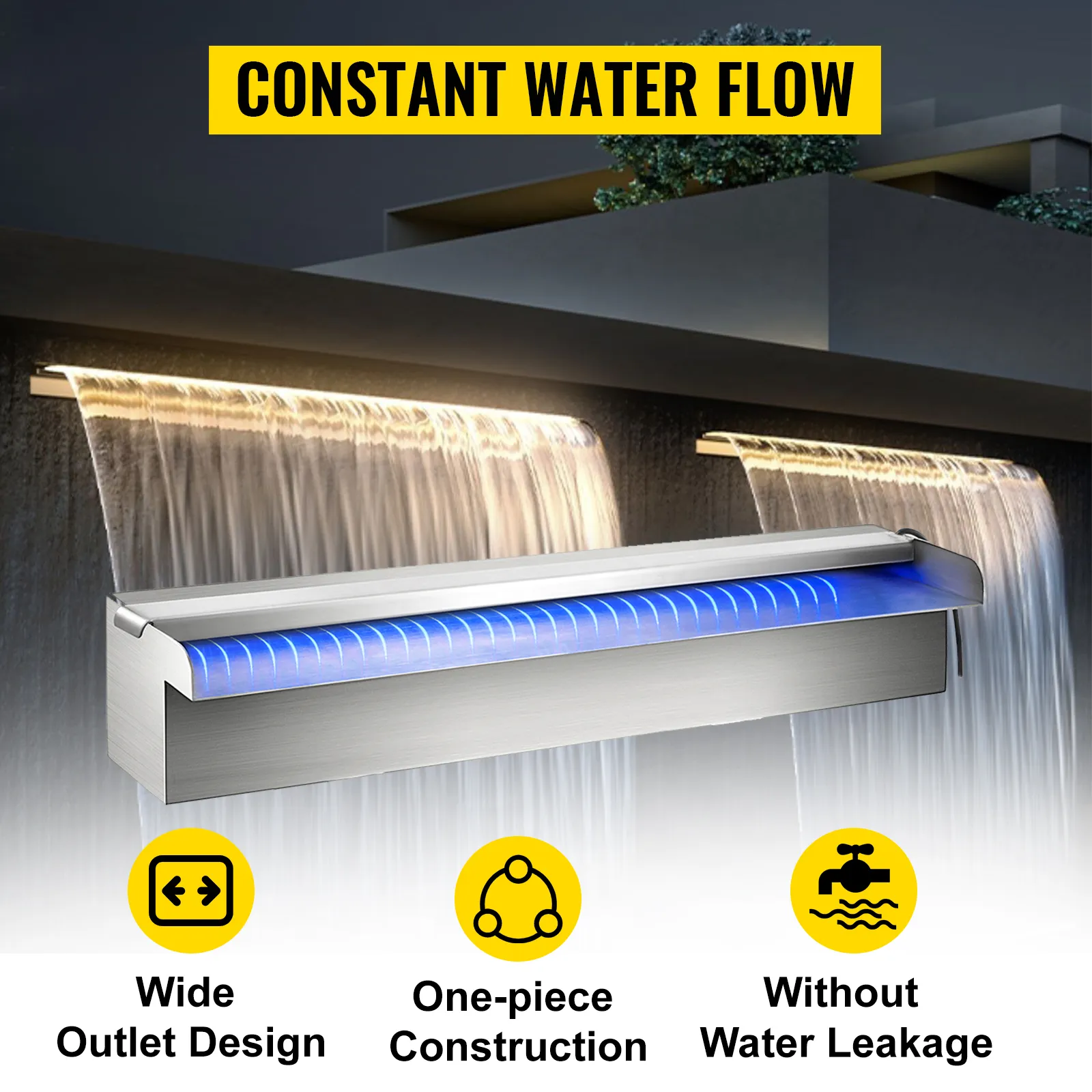 Fuente de piscina VEVOR con cascada LED con salida amplia y construcción de una sola pieza.