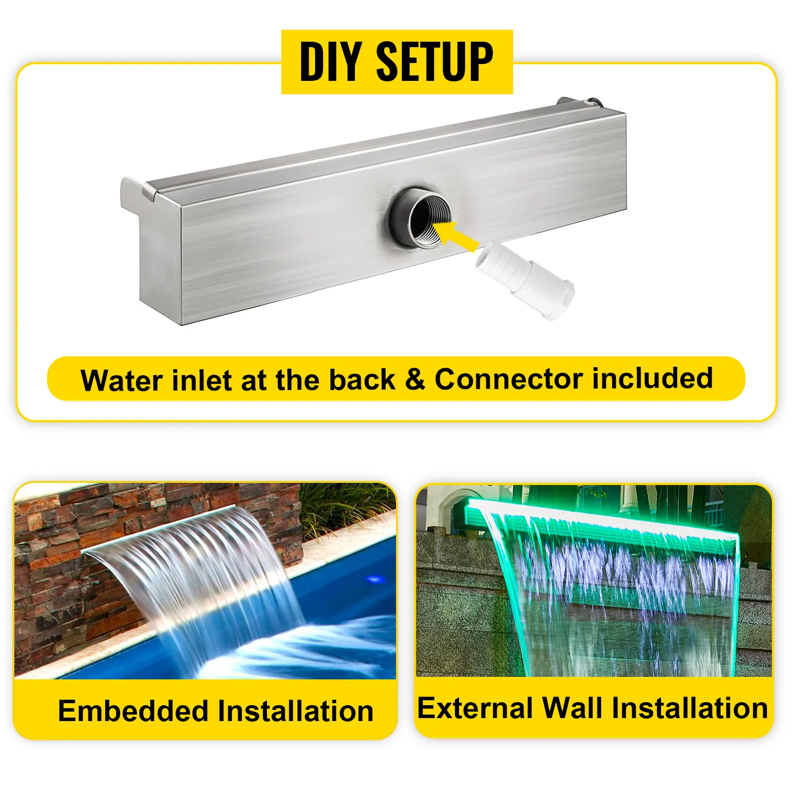 Configuración de bricolaje con fuente de piscina VEVOR, cascada LED; instalación empotrada o externa.