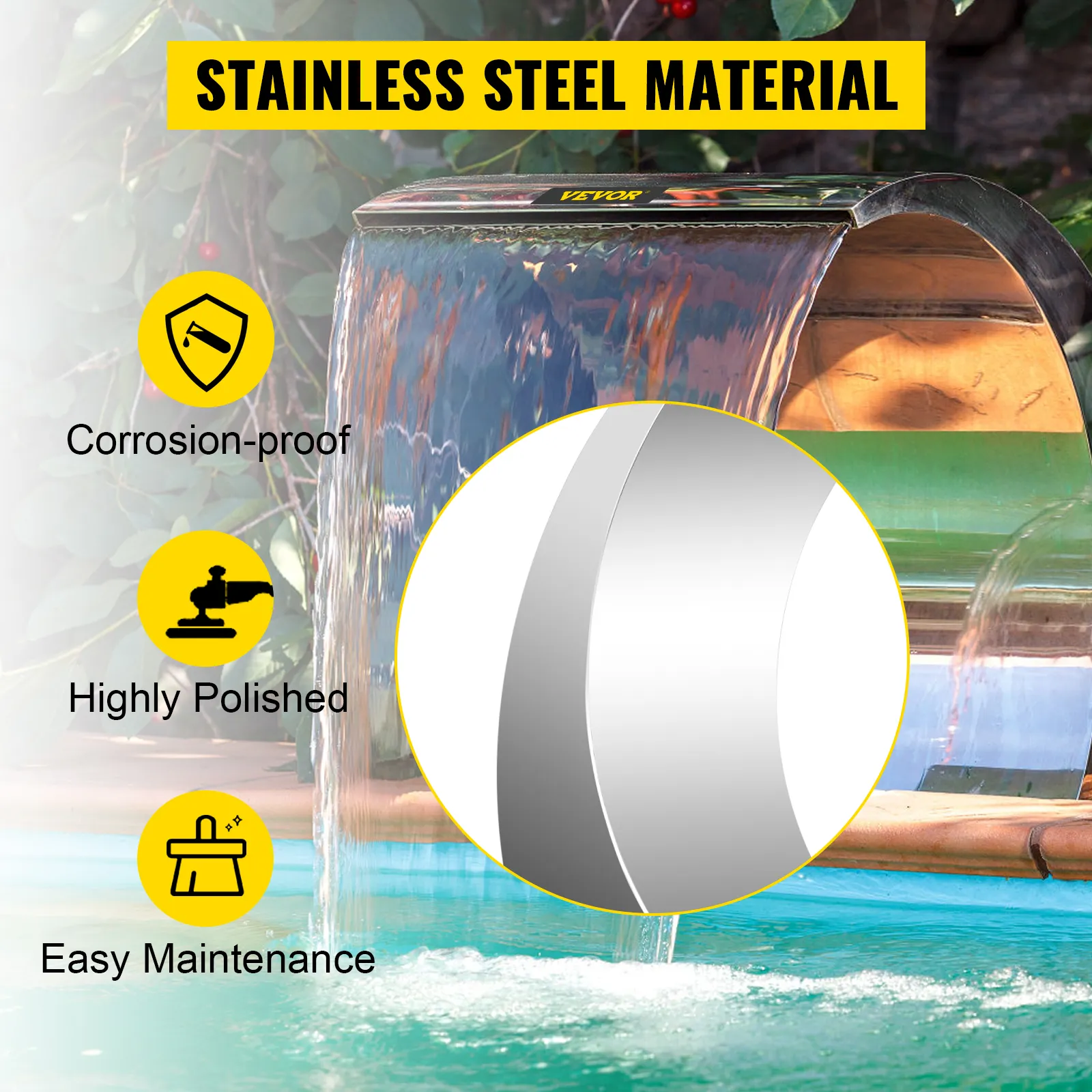 VEVOR watervalzwembadfontein van roestvrij staal, corrosiebestendig en zeer gepolijst.