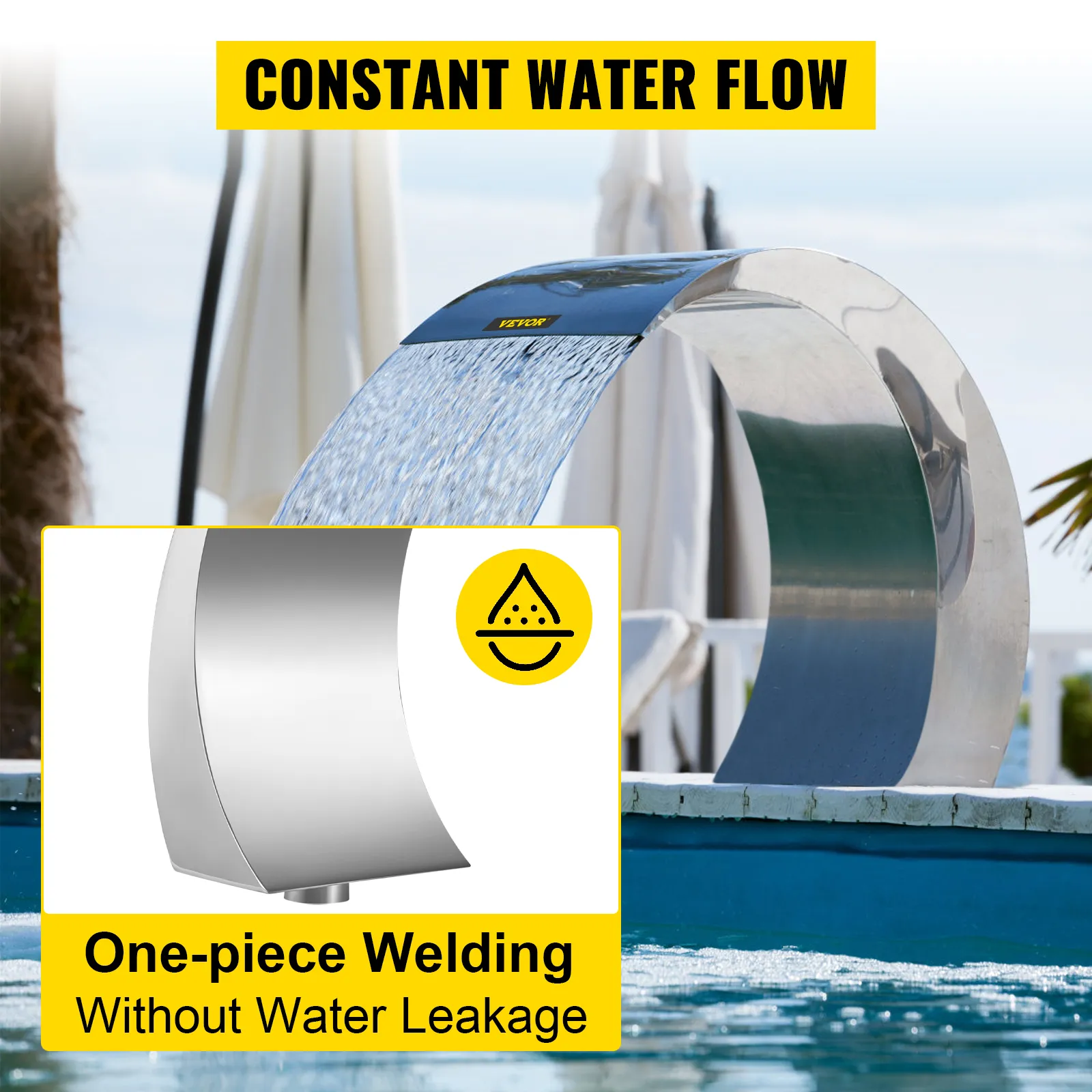 VEVOR roestvrijstalen watervalzwembadfontein met constante waterstroom en één-delig gelast.