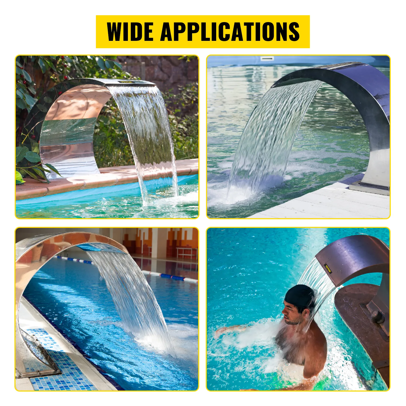 VEVOR roestvrijstalen watervalzwembadfontein in verschillende zwembadopstellingen, brede toepassingsmogelijkheden.