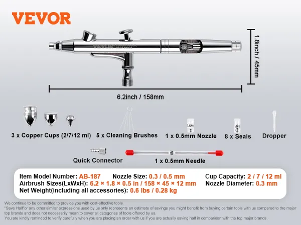 VEVOR airbrush kit, ab-187 model, 6.2x1.8 in, includes 3 copper cups, 8 seals, 5 brushes, 0.3 mm nozzle.