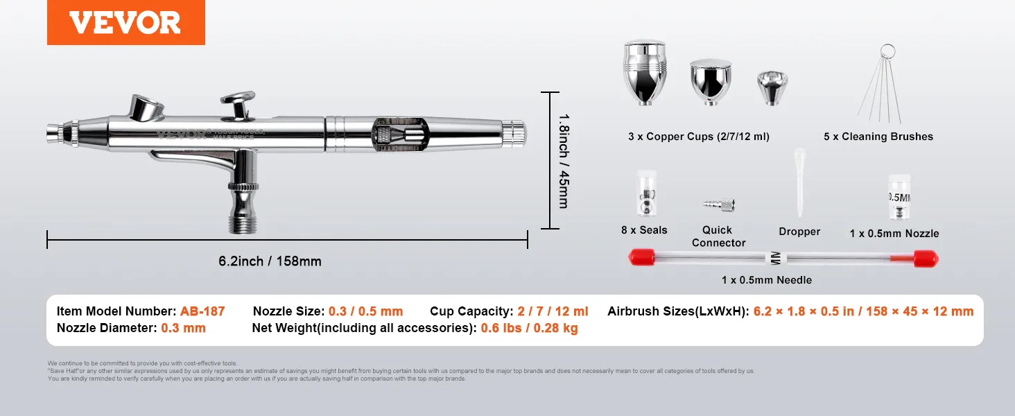 VEVOR airbrush kit, ab-187 model, 6.2x1.8 in, includes 3 copper cups, 8 seals, 5 brushes, 0.3 mm nozzle.