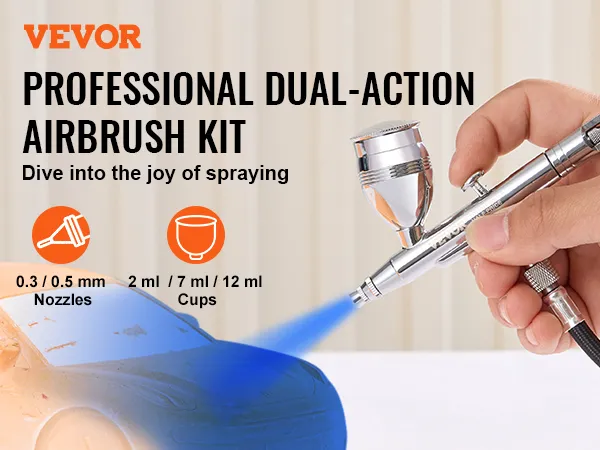 VEVOR airbrush kit with dual-action, 0.3/0.5 mm nozzles, and 2 ml/7 ml/12 ml cups for precision work.